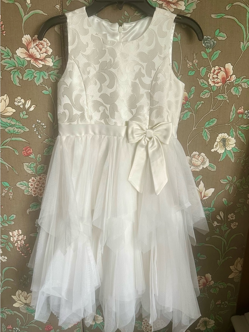 American Princess Ivory Floral Jacquard & Tulle Bow Party Dress